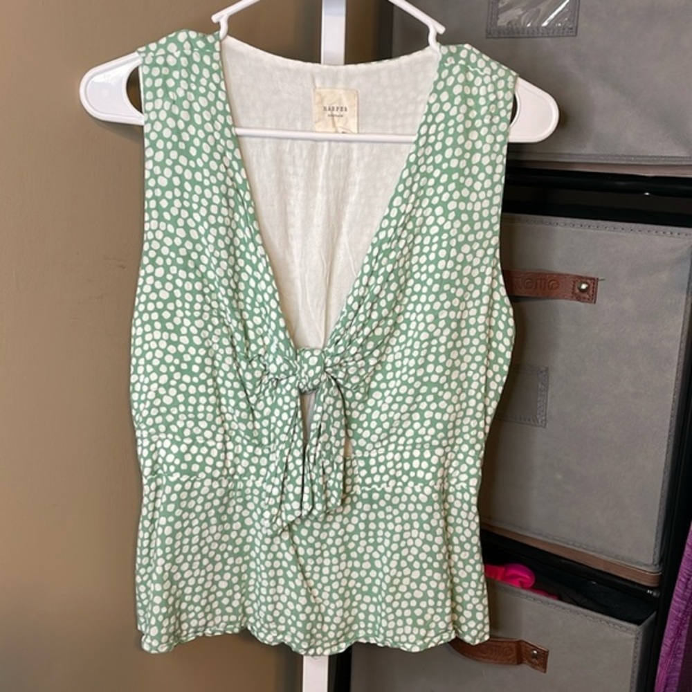 Harper Heritage Keyhole Tie Bunched Tank Top Sz Medium Green Polka Dot